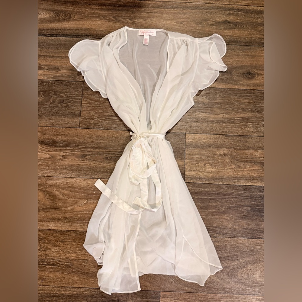 Oscar de la Renta Pink Label Sheer Chiffon Bridal Robe Ivory Bow Pearl M